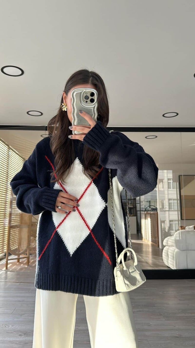 Baklava Pattern Brand Model Sweater Navy