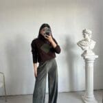 Khaki Elastic Waist Velvet Palazzo Trousers