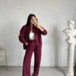 Burgundy Piping Detailed Raised Tracksuit Set