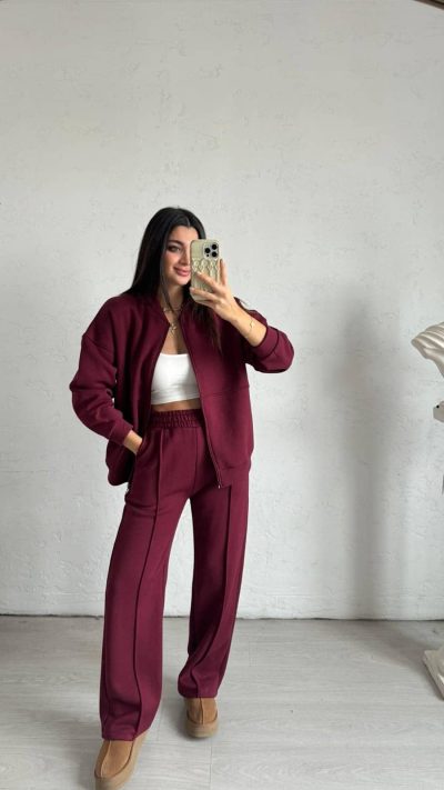 Burgundy Piping Detailed Raised Tracksuit Set