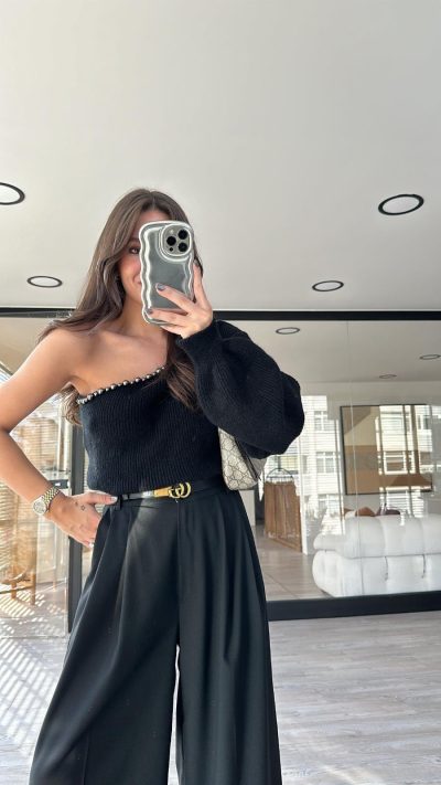 Black Pearl Detailed Single Sleeve Knitted Sweater