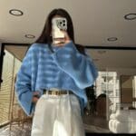 Wide Sleeve Detailed Brand Model Yumoş Sweater Blue