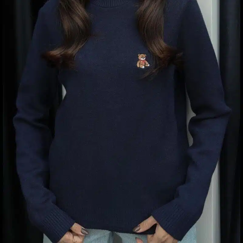 Jenna Teddy Bear Embroidered Sweater Navy