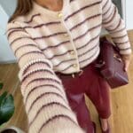 Claret Red Feathered Gold Button Striped Cardigan
