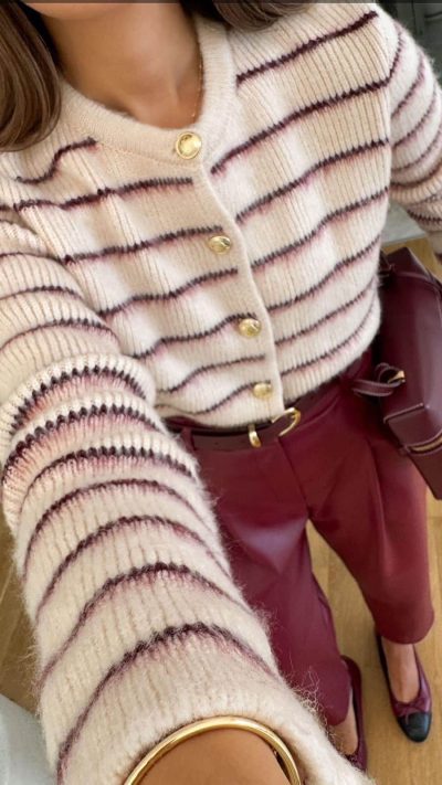 Claret Red Feathered Gold Button Striped Cardigan