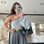 Grey Pearl Detailed Single Sleeve Knitted Sweater