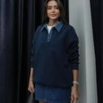 Denim Detailed Raised Collar Sweatshirt Navy