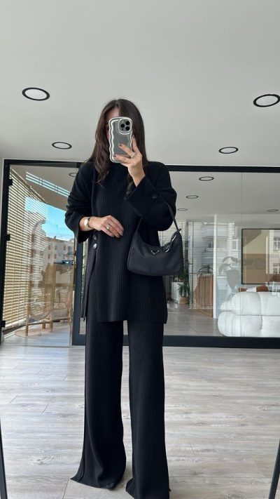 Three Button Slit Knitwear Set Black