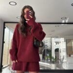 Claret Red Crew Neck Skirted Knitwear Suit
