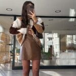 Tan Stitched Detailed Mini Leather Skirt