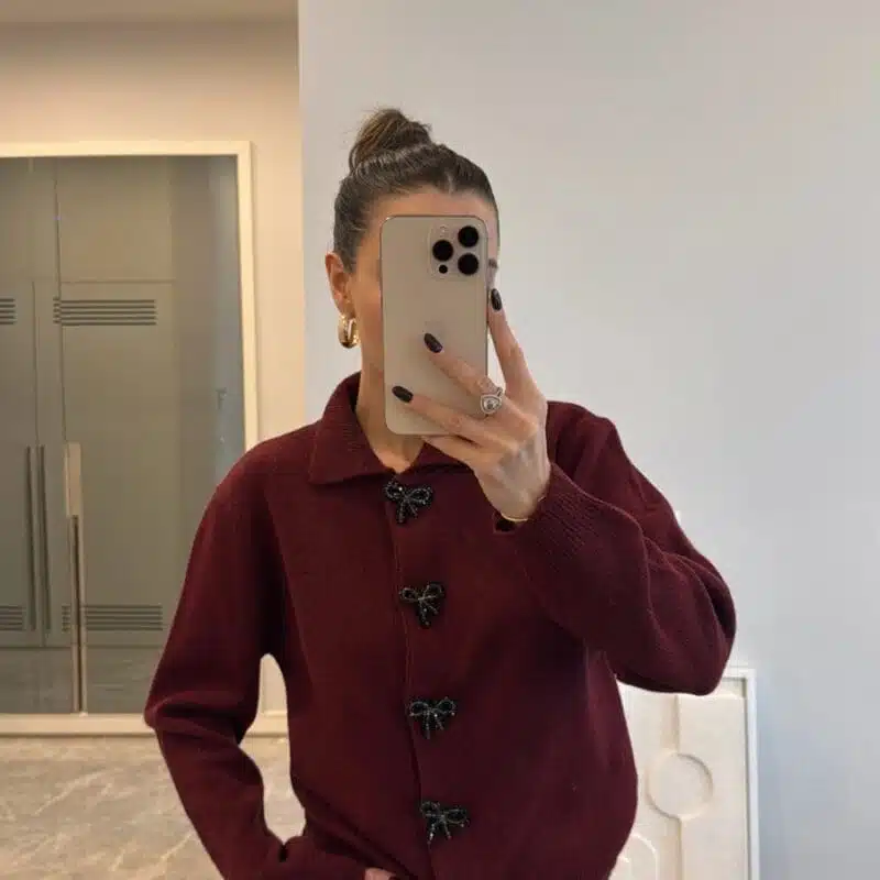 Burgundy Ribbon Detailed Cardigan