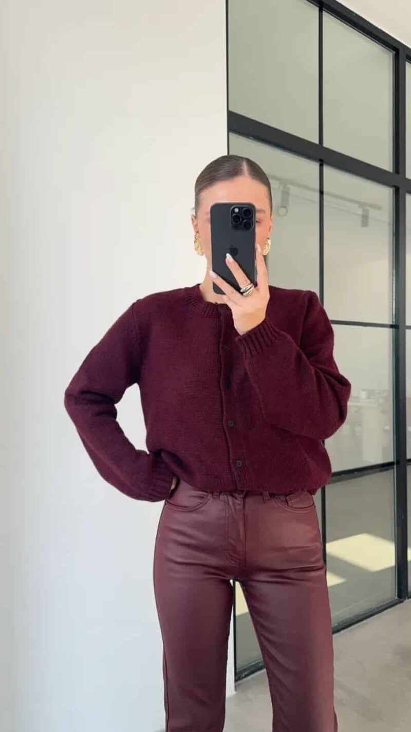BLACK MINI BUTTONED CLARET RED CARDIGAN
