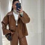 Brown Metallic Leather Jacket Set