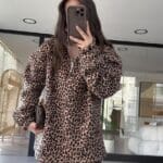 Beige Black Leopard Pattern Front Zippered Sweat