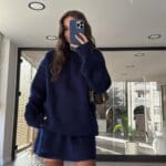 Navy Blue Crew Neck Skirted Knitwear Suit Standard