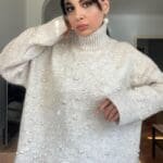 Beige Pearl Detailed Half Turtleneck Sweater