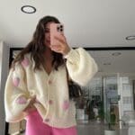 Ecru Strawberry Embroidered Balloon Sleeve  Cardigan