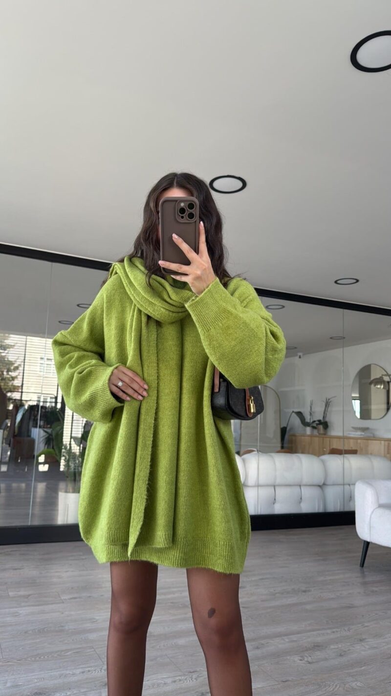 Pistachio Green Crew Neck Scarf Oversize Sweater