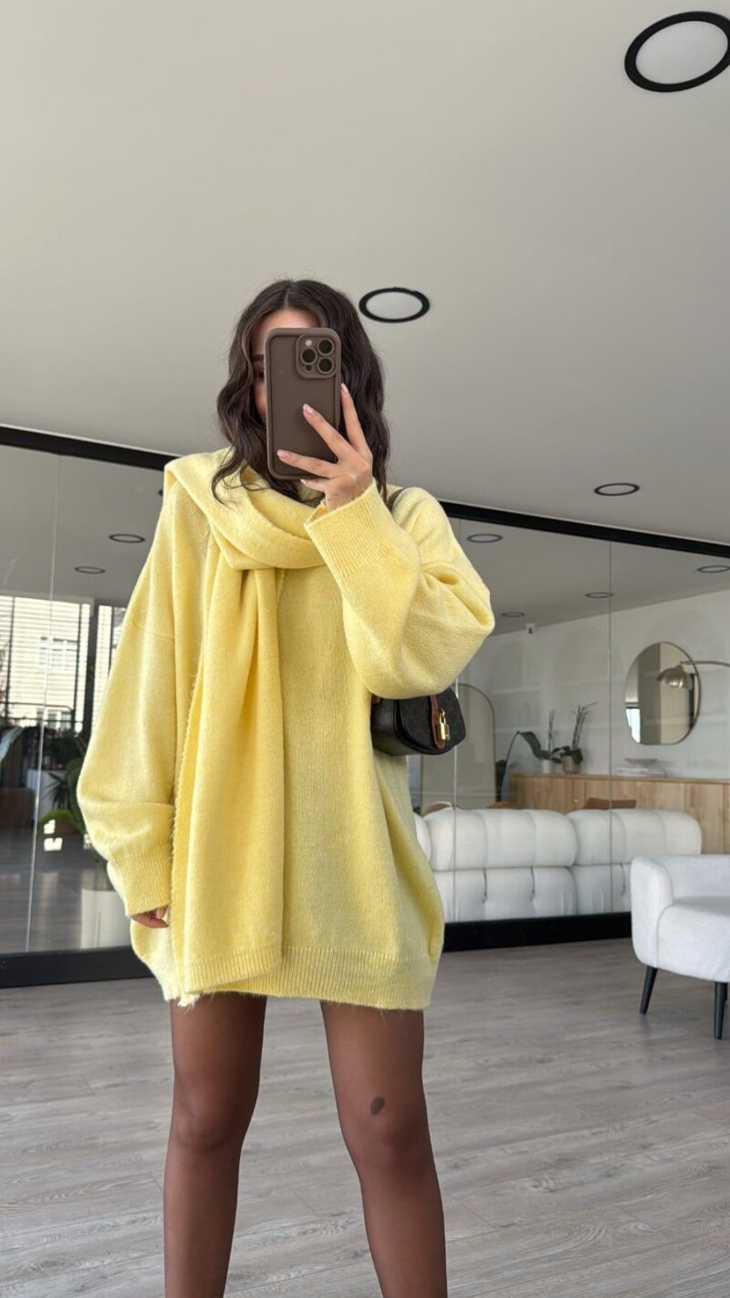 Yellow Color Crew Neck Scarf Oversize Sweater