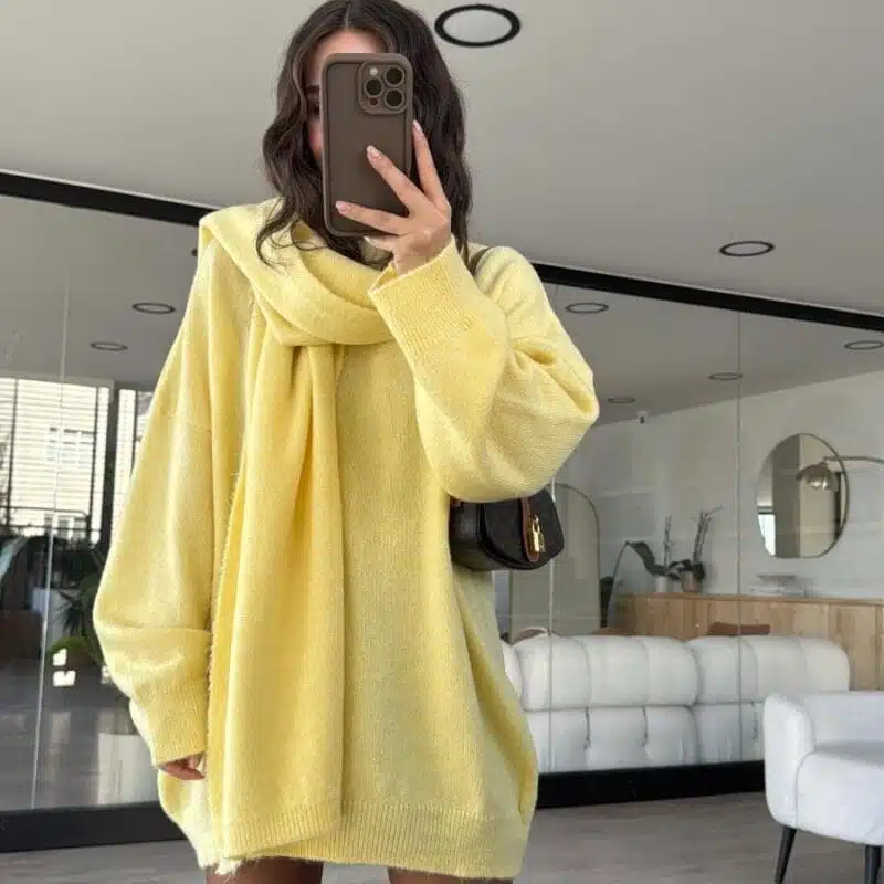 Yellow Color Crew Neck Scarf Oversize Sweater