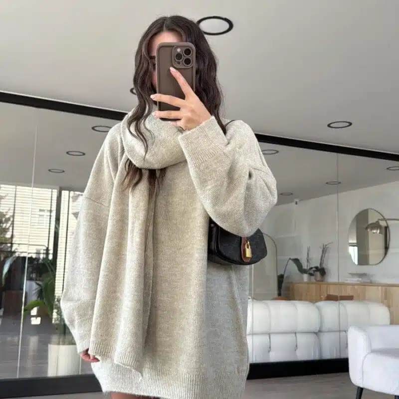 Stone Color Crew Neck Scarf Oversize Sweater