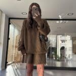 Brown Crew Neck Skirted Knitwear Suit