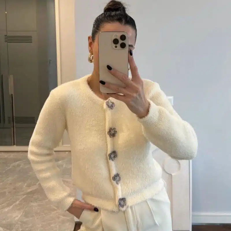 Cream Flower Button Detailed Cardigan