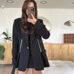 Black Color Front Zipper Pleated Detailed Blazer Jacket