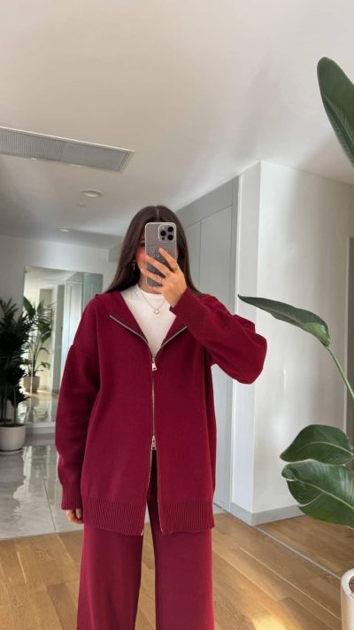 Hooded Zippered Knitwear Set-Burgundy