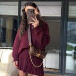 Burgundy Pleated Skirted Knitwear Suit