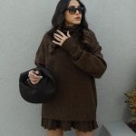 Brown Pleated Knitwear Skirt Sweater Set