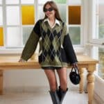 Khaki V Neck Diamond Pattern Knitted Sweater