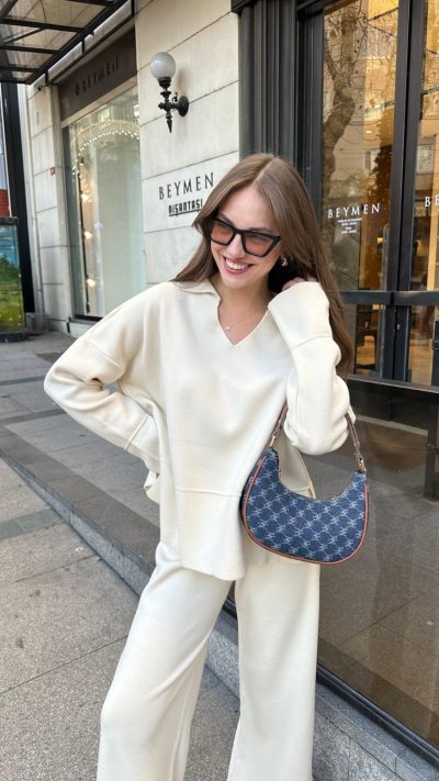 Cream Polo Collar Side Slit Knitted Trouser Set