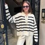 Cream Polo Collar Lace-Up Front Knitted Trouser Set