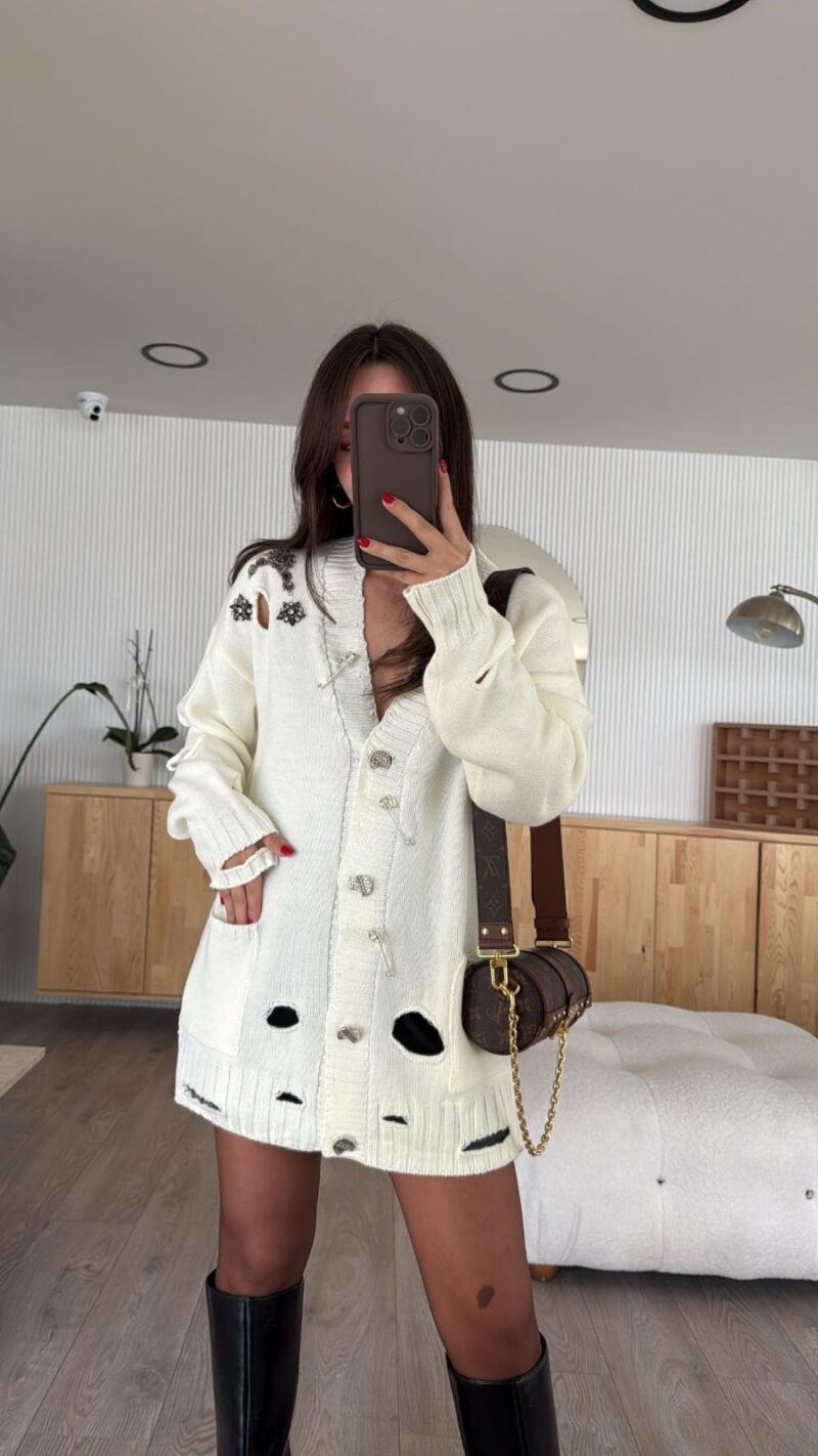 Ecru Stoned Needle Detailed Knitwear Cardigan