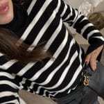 Black and White Striped Turtleneck Brand Model Sweater