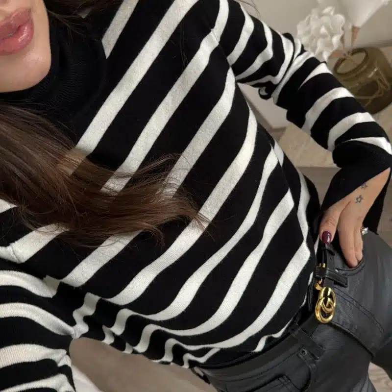Black and White Striped Turtleneck Brand Model Sweater