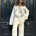 Cream Front Embroidery Detailed Knitted Trouser Set