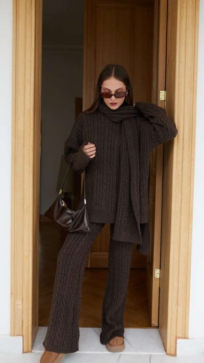 Brown Scarf Hair Knitted Knitwear Trouser Set