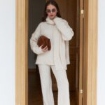 BCream Scarf Hair Knitted Knitwear Trouser Set