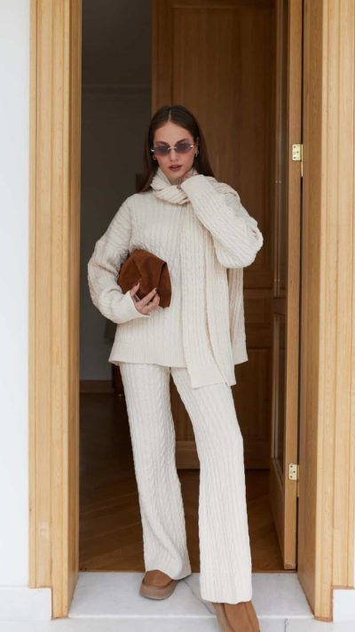 BCream Scarf Hair Knitted Knitwear Trouser Set