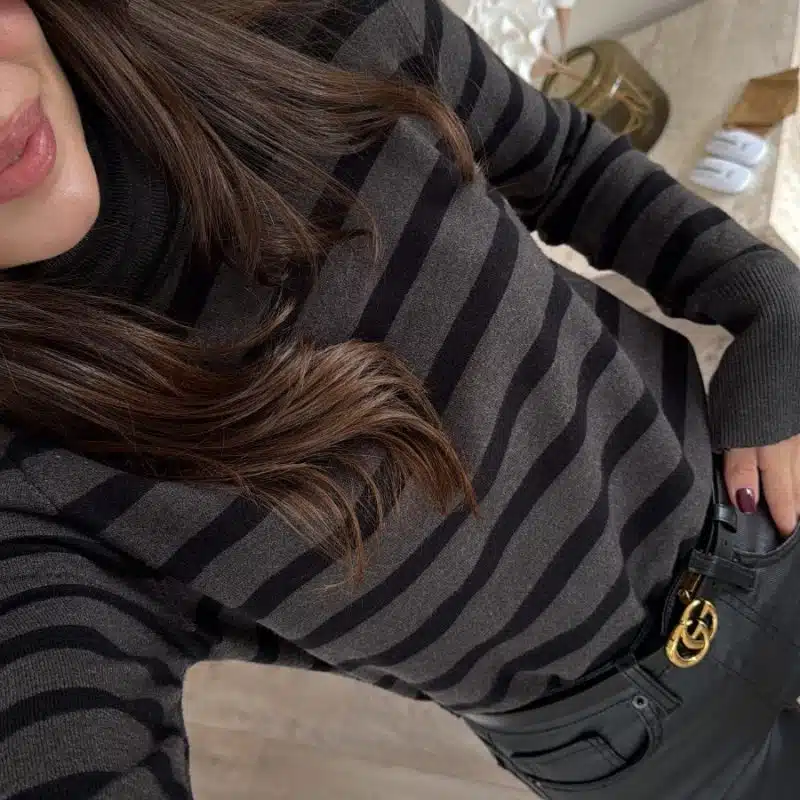 Anthracite Black Striped Turtleneck Brand Model Sweater