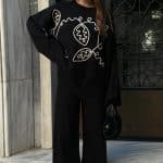 Black Front Embroidery Detailed Knitted Trouser Set