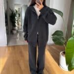 Hooded Zippered Knitwear Set-Anthracite