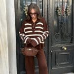 Brown Polo Neck Lace-Up Knitted Trouser Set