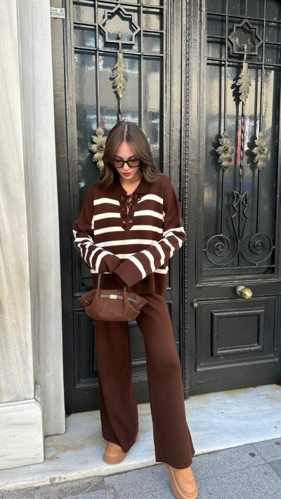 Brown Polo Neck Lace-Up Knitted Trouser Set