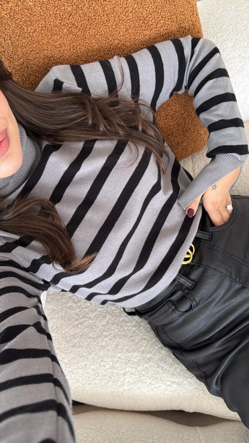 Grey Black Striped Turtleneck Brand Model Sweater