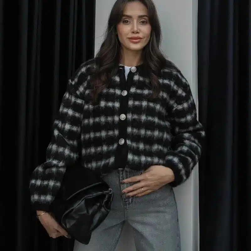 Black Metal Buttoned Plaid Cardigan standard