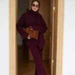 Burgundy Scarfed Hair Knitted Knitwear Trouser Set