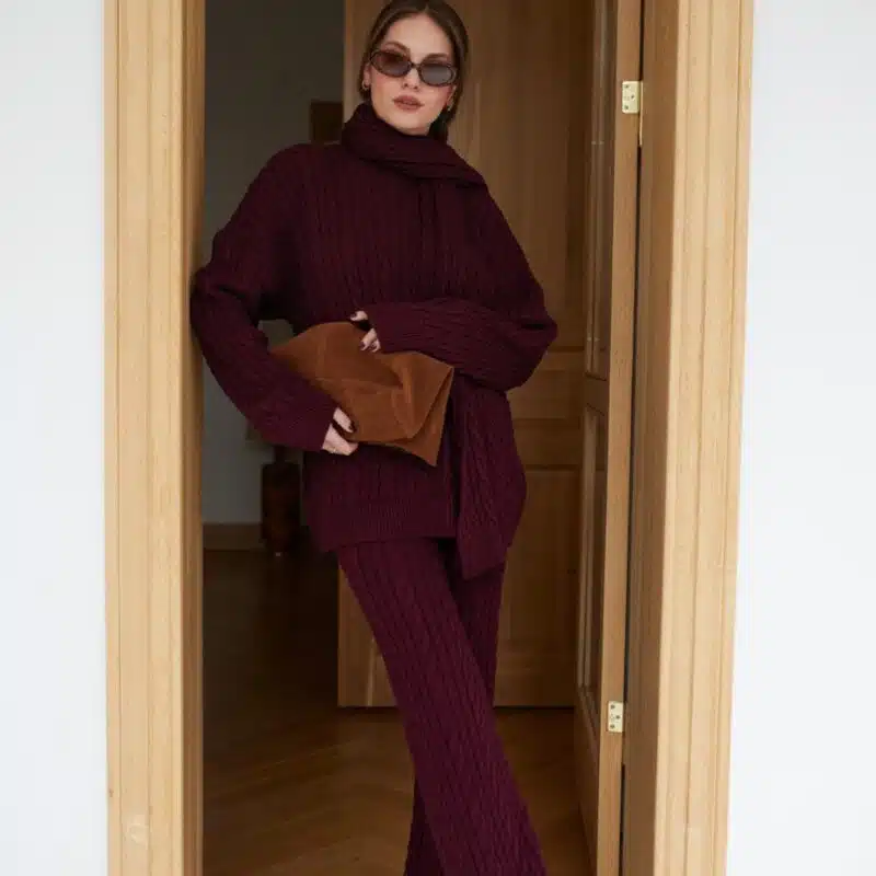 Burgundy Scarfed Hair Knitted Knitwear Trouser Set